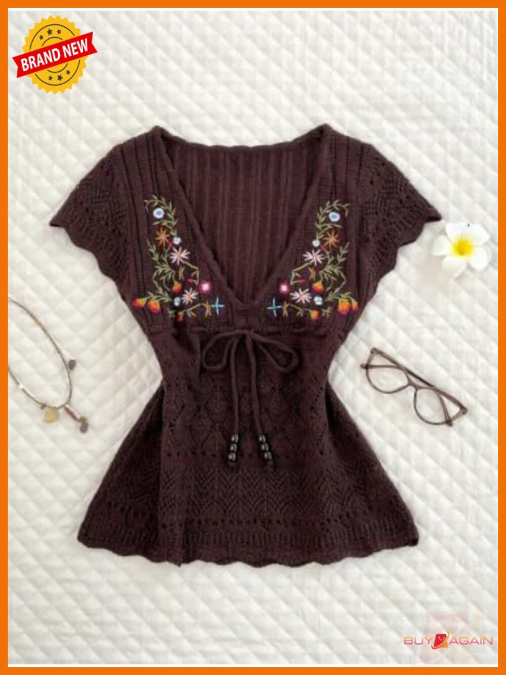 Boho Floral Embroidery Openwork Knit Top Drawstring Ruffle Hem - Picture 3 of 6